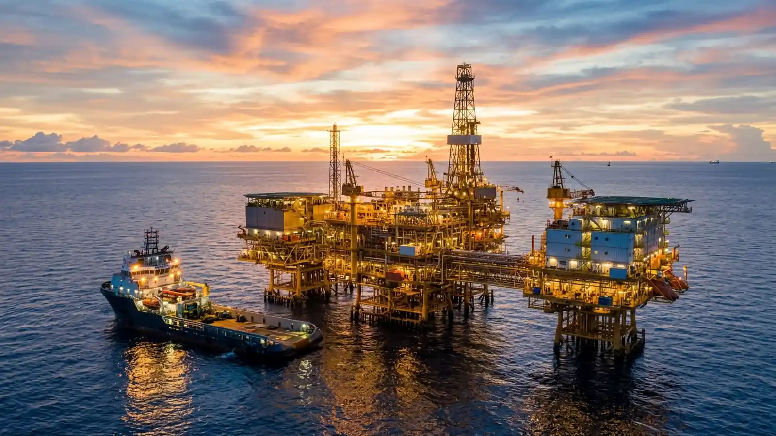 Ilustrasi fasilitas operasi industri energi lepas pantai dan jasa penunjang minyak dan gas bumi SKUP Migas