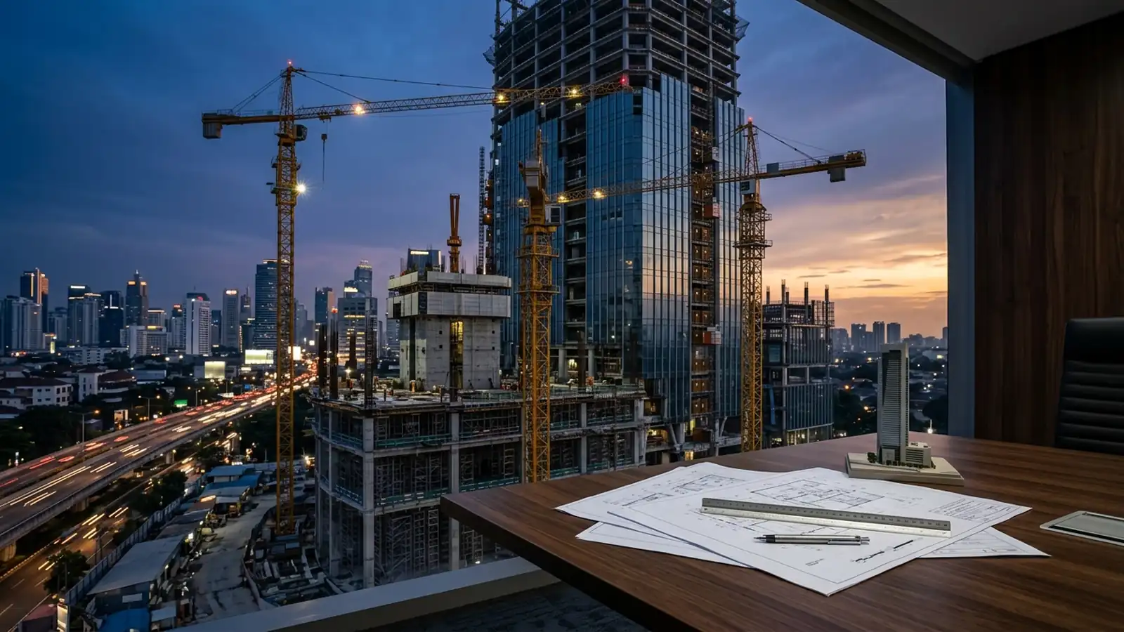 Ilustrasi proyek konstruksi infrastruktur modern dan sertifikasi badan usaha penanaman modal asing SBU PMA